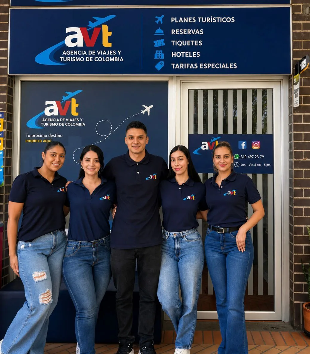 Equipo de AVT frente a la oficina de la agencia en Bello, Antioquia